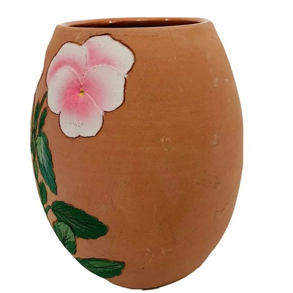 Terracotta Pottery Planter Handmade Etched Pink Pansies Pot Vase Artisans Signed - Picture 5 of 12